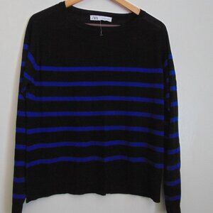 Women's Brand New Zara Sweater Size M Black and Blue Stripes BNWOT